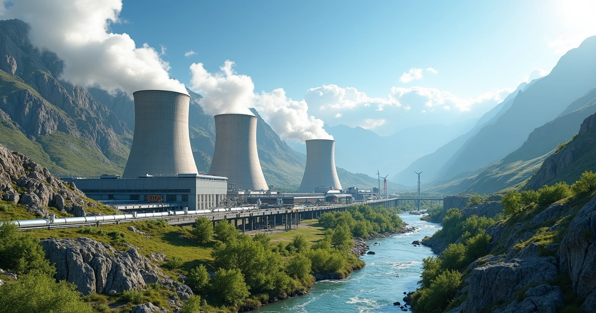 Usina de energia geotérmica com torres de resfriamento e paisagem montanhosa ao fundo 