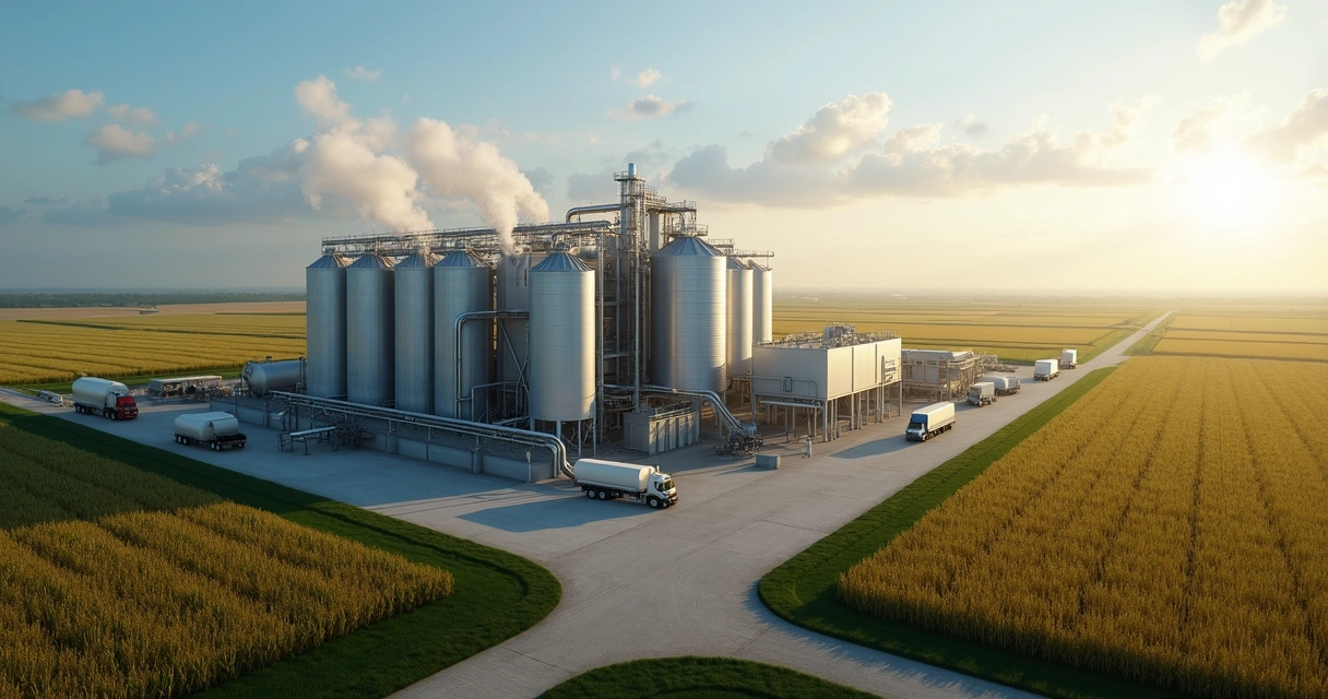 Usina de etanol de milho integrada ao campo, com silos de grãos e lavouras verdes 