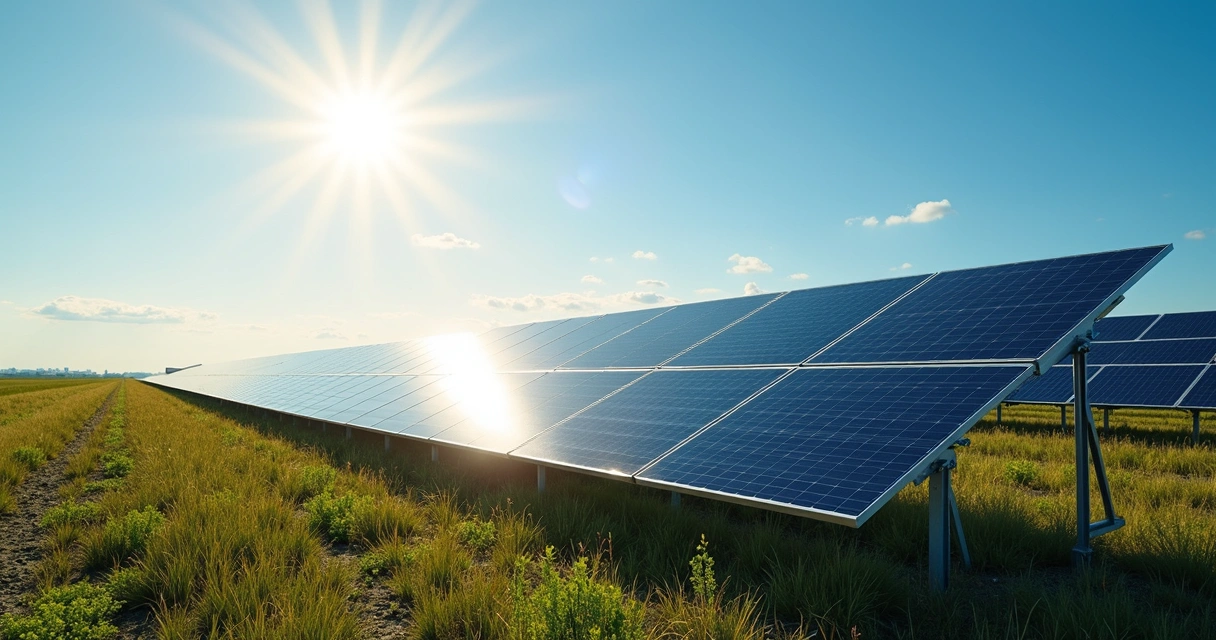 Usina fotovoltaica com painéis solares instalados em área aberta sob céu claro e azul 