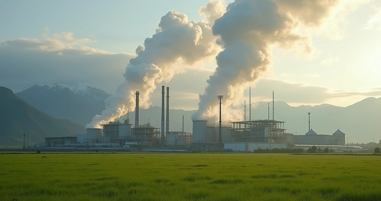 Usina geotérmica liberando vapor em meio a campo verde 
