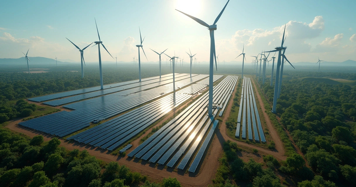 Painéis solares e turbinas eólicas lado a lado em uma usina híbrida