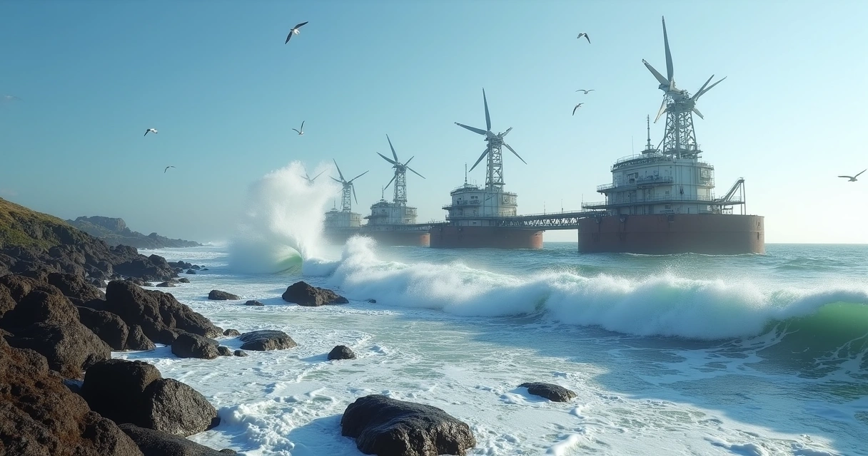 Plataforma de energia maremotriz na costa com ondas e céu claro 