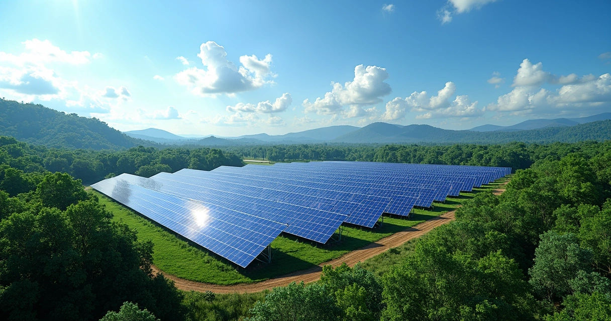 Usina solar com painéis fotovoltaicos sob céu azul na região amazônica 