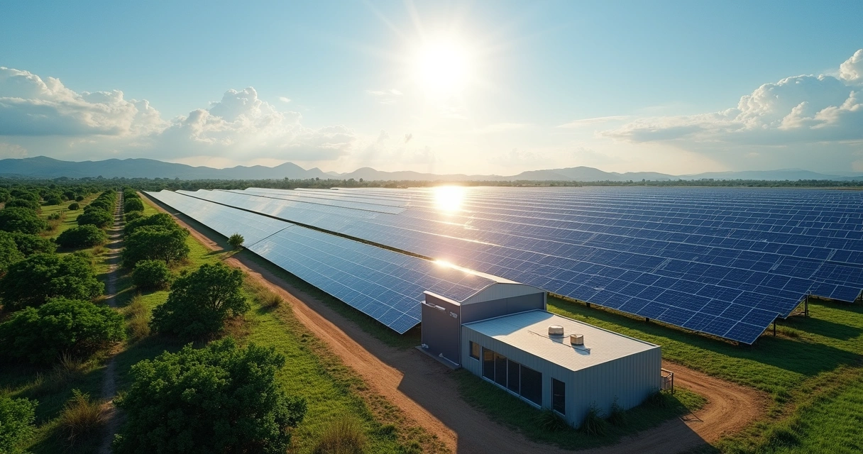 Usina solar fotovoltaica extensa com painéis solares alinhados sob céu claro e sol brilhante 