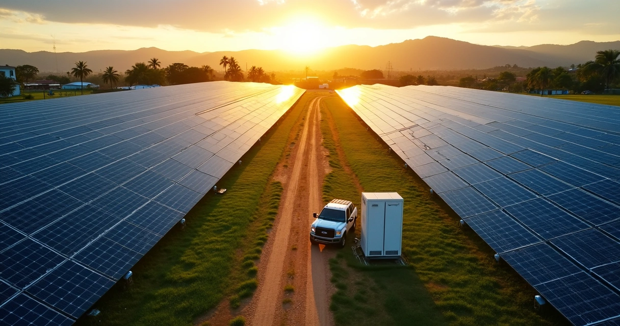 Grande usina solar em campo aberto no Brasil ao pôr do sol 