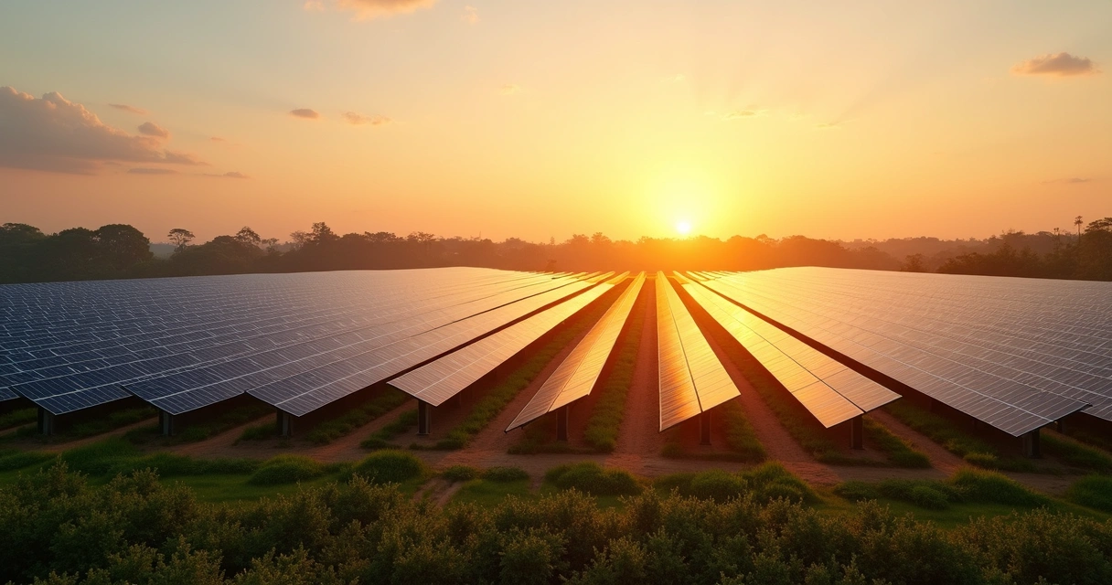 Usina solar em campo aberto com painéis solares alinhados ao pôr do sol 