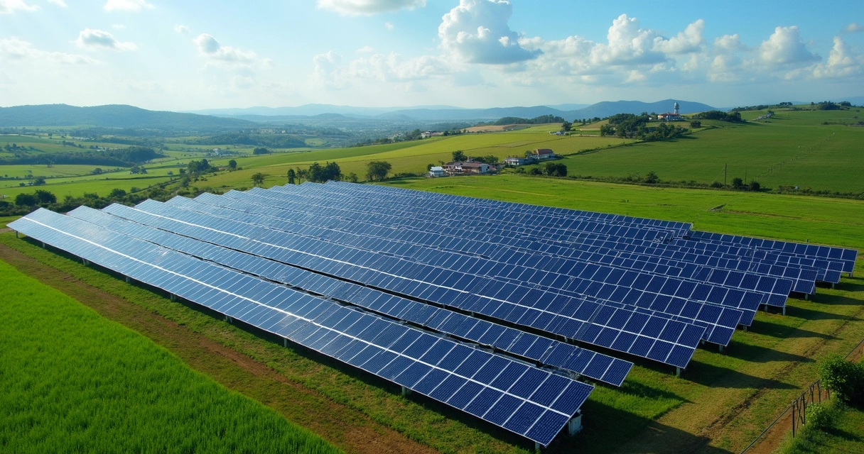 Vista aérea de uma usina solar no interior do Brasil, com painéis solares organizados em grandes fileiras