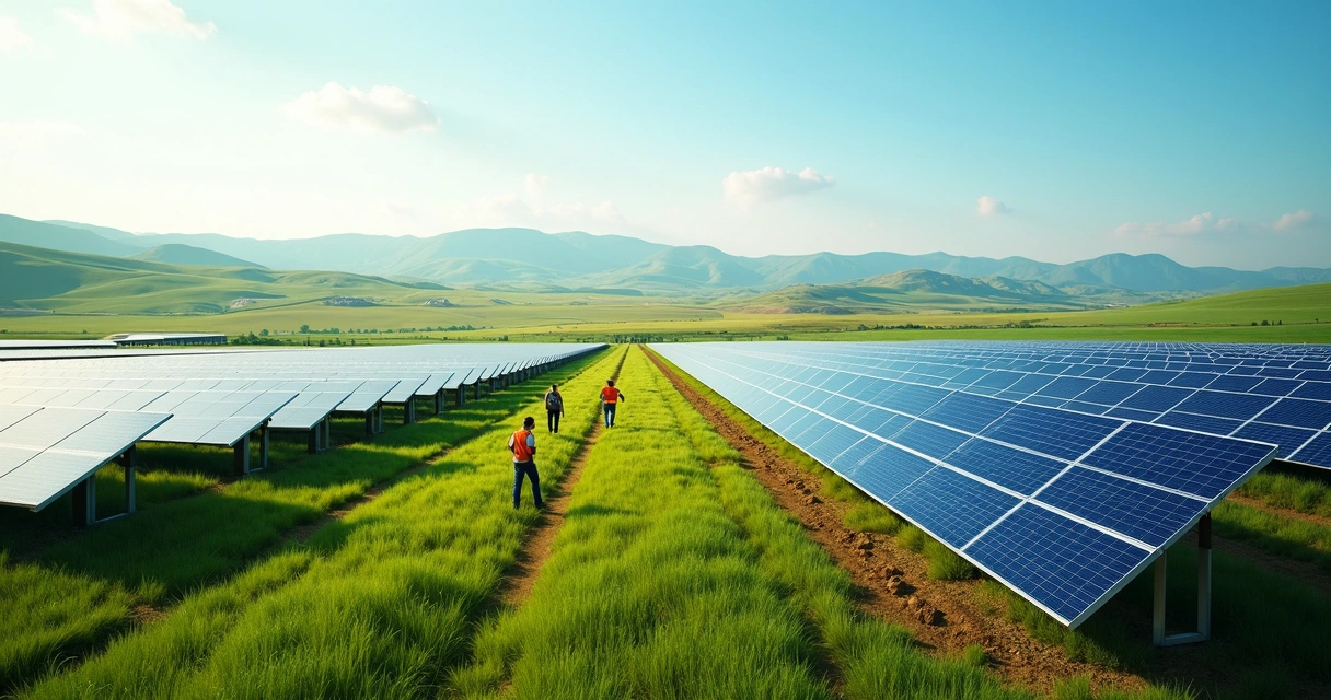 Usina solar com fileiras de painéis ao sol