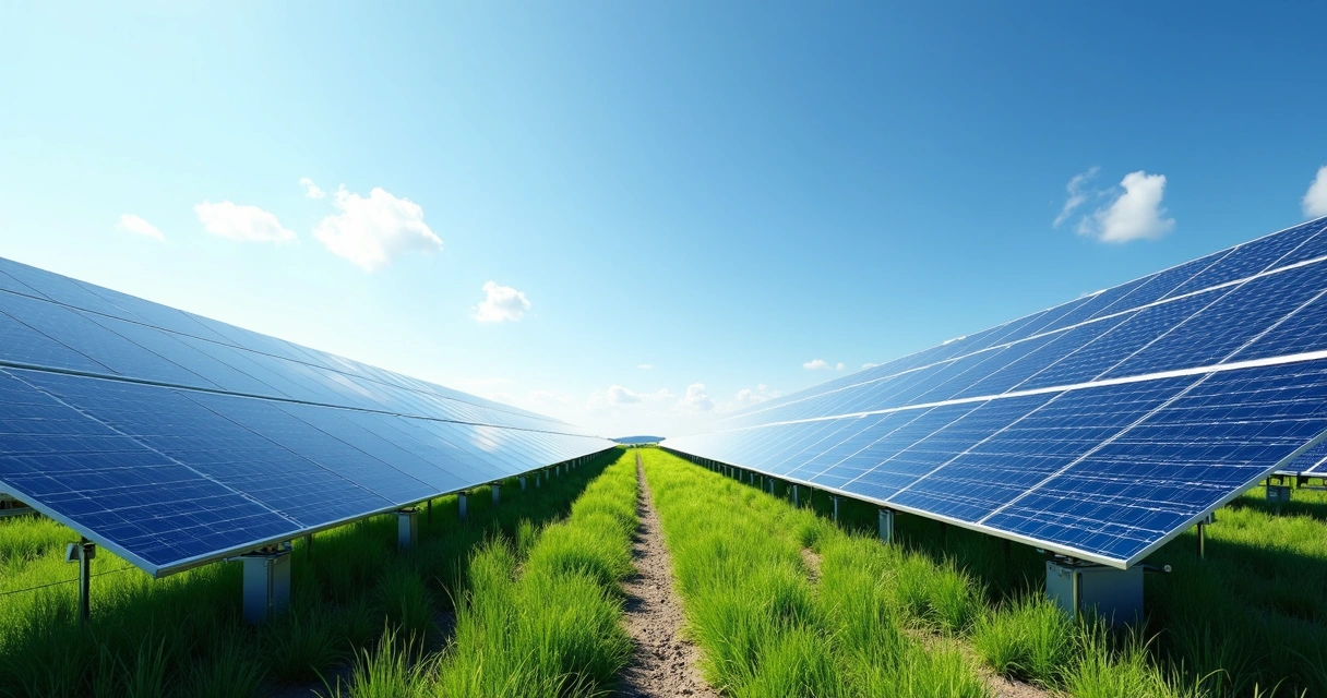 Painéis solares instalados em grande usina fotovoltaica sob céu azul claro 