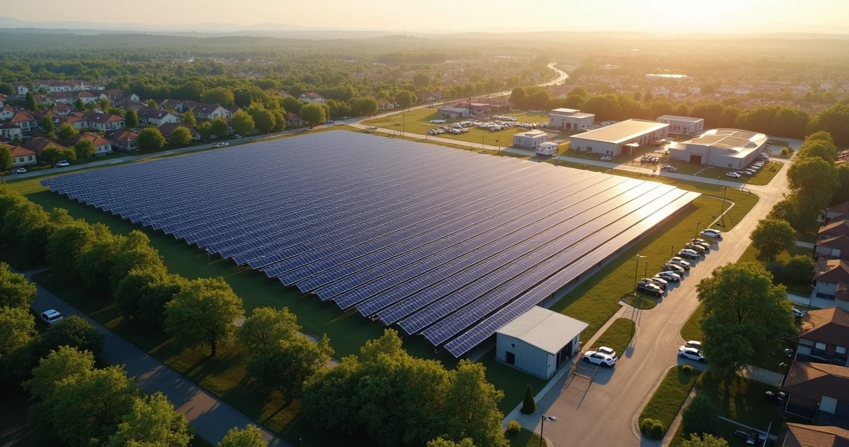 Vista aérea de usina solar compartilhada com painéis e vários imóveis ao redor