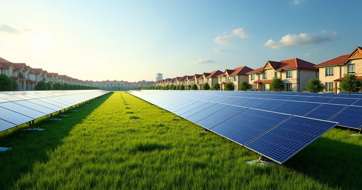 Usina solar instalada em condomínio, painéis solares ao lado de casas 