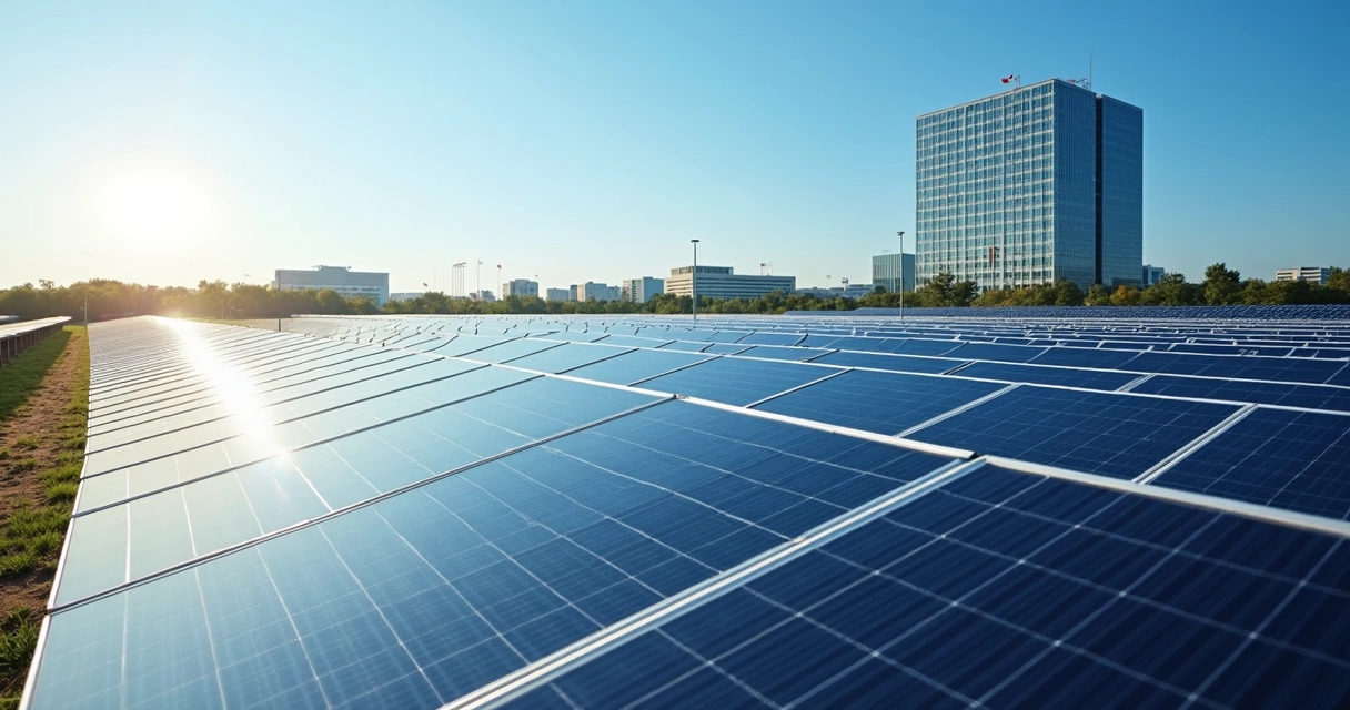 Usina solar com painéis fotovoltaicos em frente a um prédio governamental moderno em dia claro 
