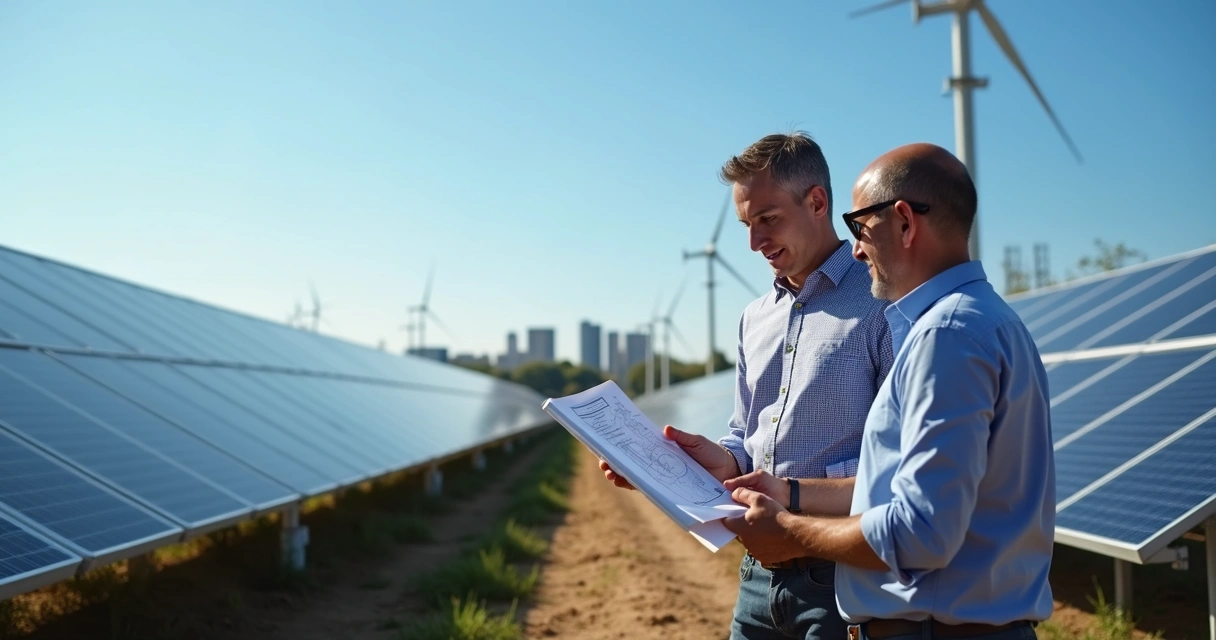 Usina solar moderna com painéis fotovoltaicos e equipe de integradores e investidores avaliando projeto ao fundo 