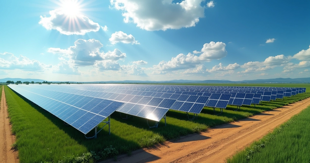 Usina solar fotovoltaica com painéis rastreadores em campo aberto sob céu limpo 