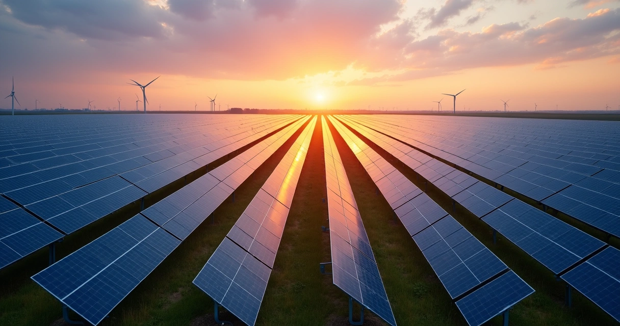 Usina solar moderna ao entardecer com painéis solares 