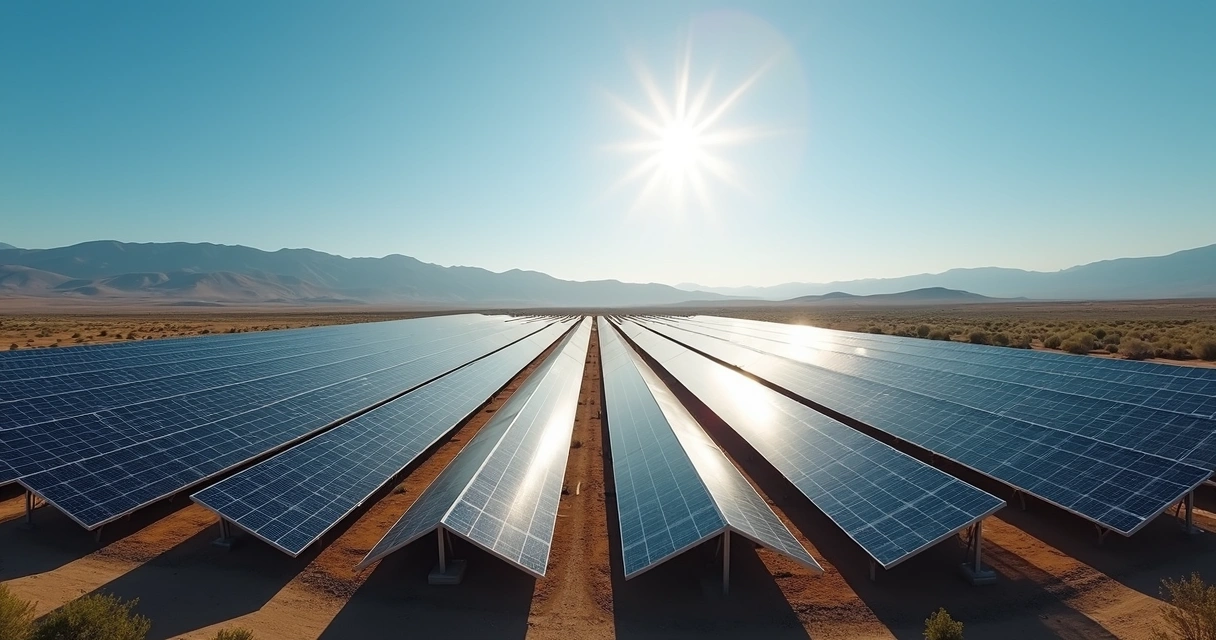 Vista aérea de grande usina solar com painéis solares alinhados sob céu azul claro 