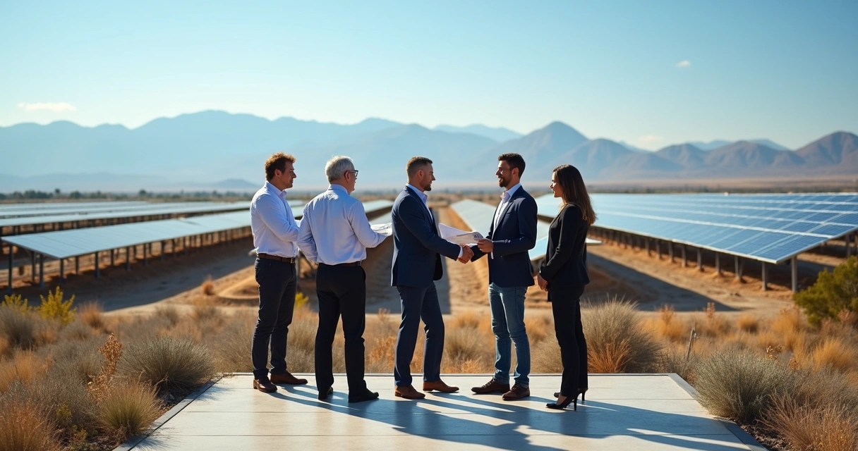 Investidores reunidos diante de usina solar 