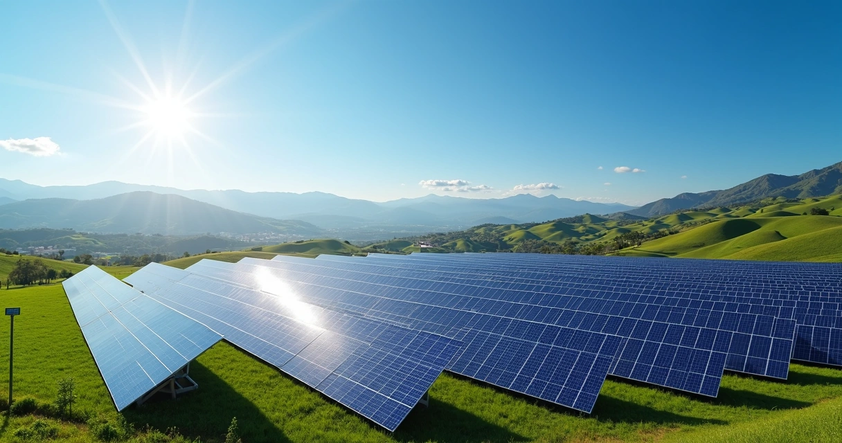 Painéis solares instalados em grande usina solar com céu azul e colinas ao fundo em Minas Gerais 