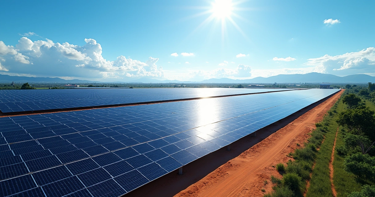 Painéis solares instalados em grande usina solar com céu azul e energia limpa 