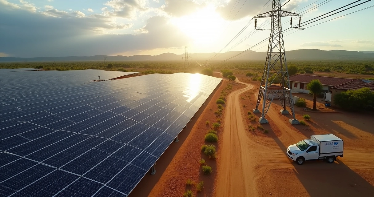 Campo com usina solar ao lado de torre de energia no interior do Brasil 