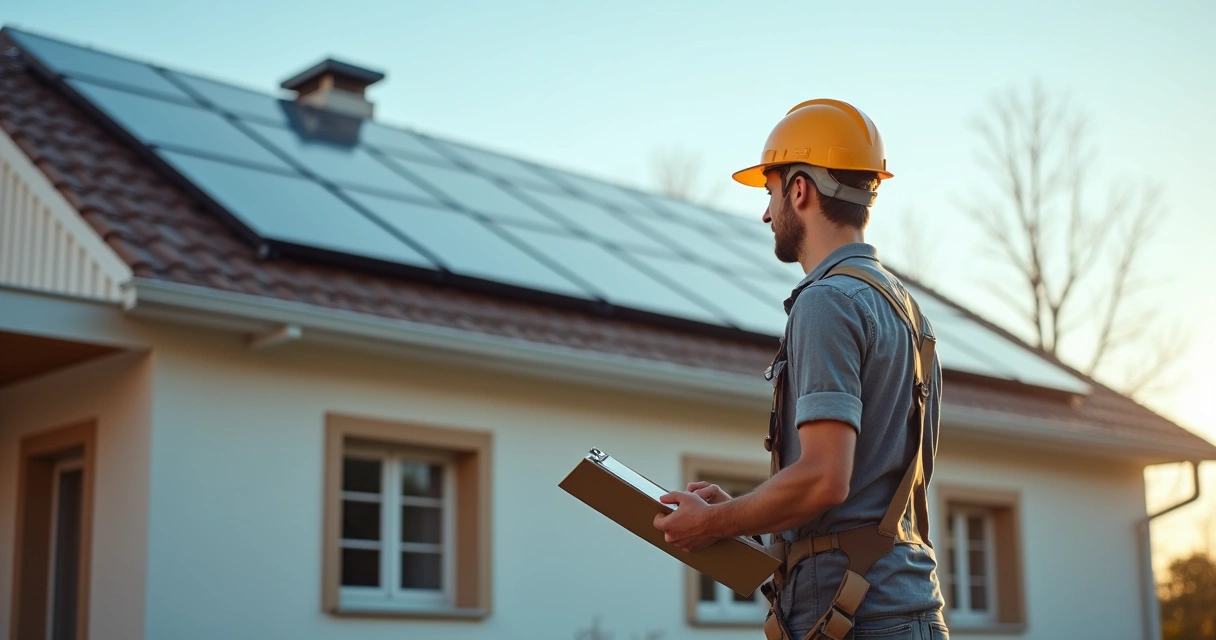 Usina solar residencial instalada no telhado, homem com prancheta inspecionando os painéis 