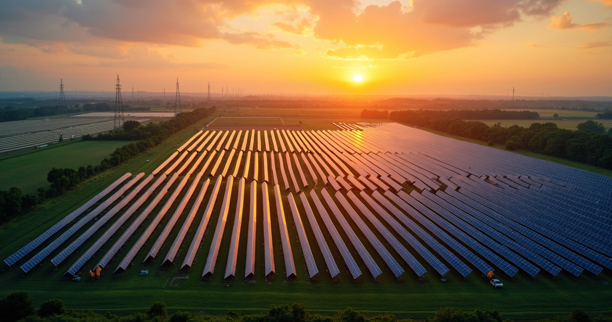 Vista aérea de usina solar com painéis organizados em filas ao pôr do sol 