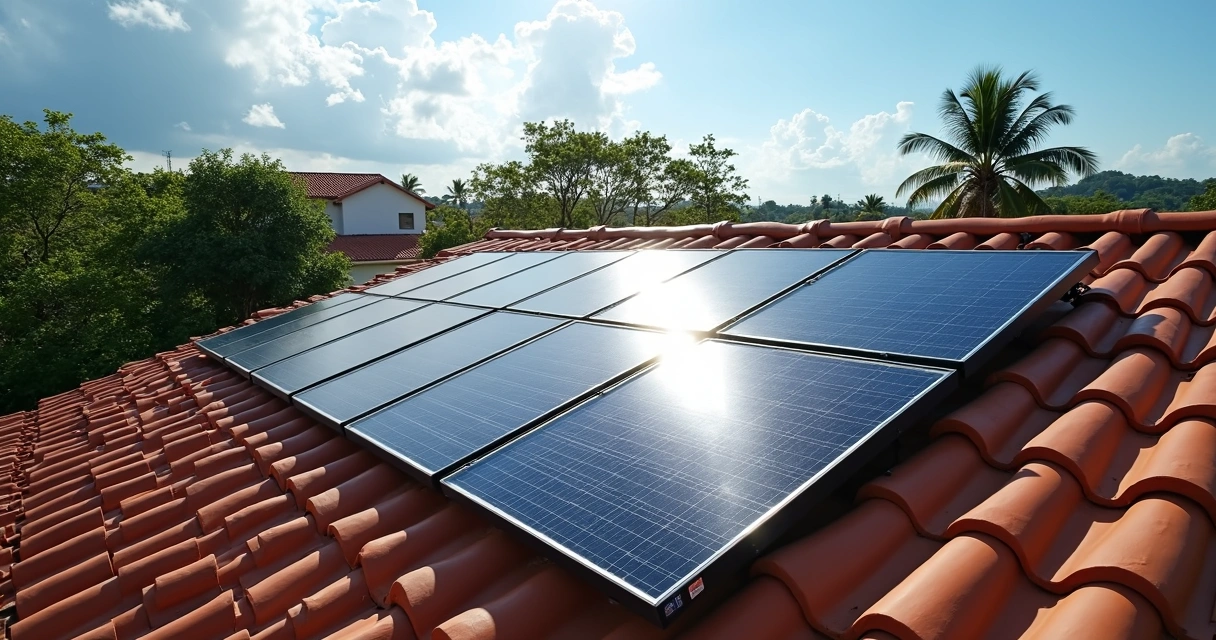 Painéis solares instalados em telhado residencial no Nordeste brasileiro 