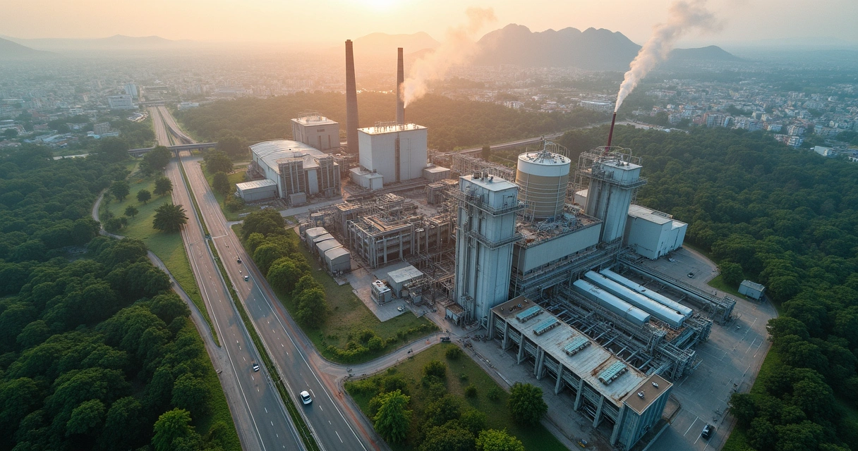 Vista aérea de uma usina de valorização energética integrada a uma área urbana 