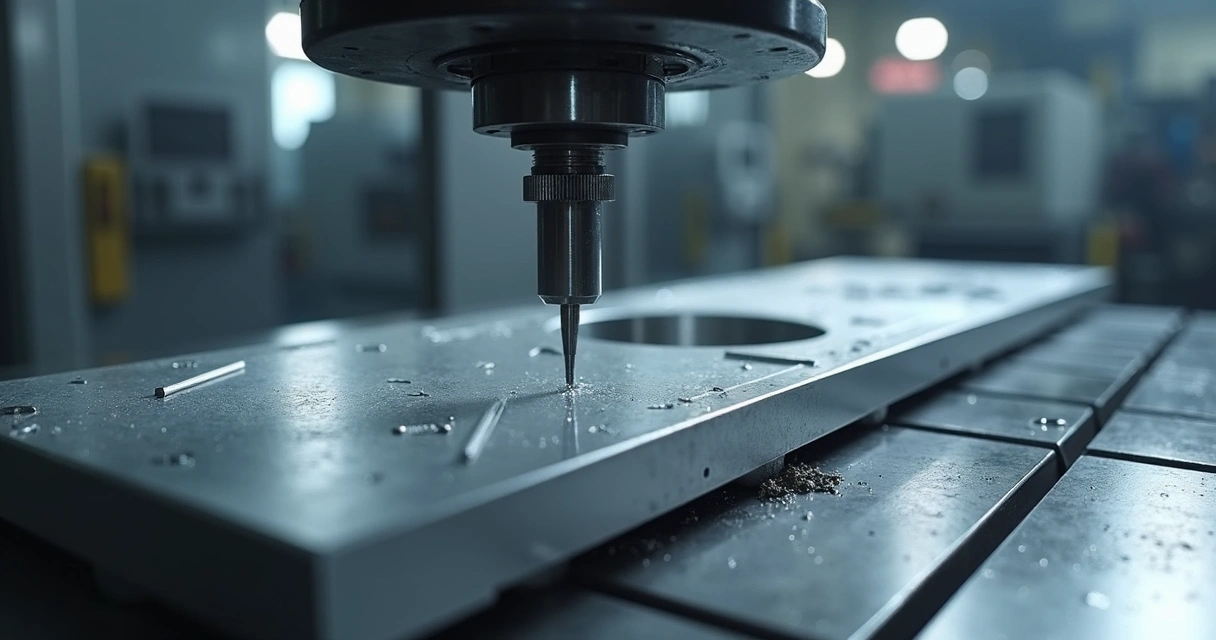 Peça de alumínio sendo usinada em máquina CNC