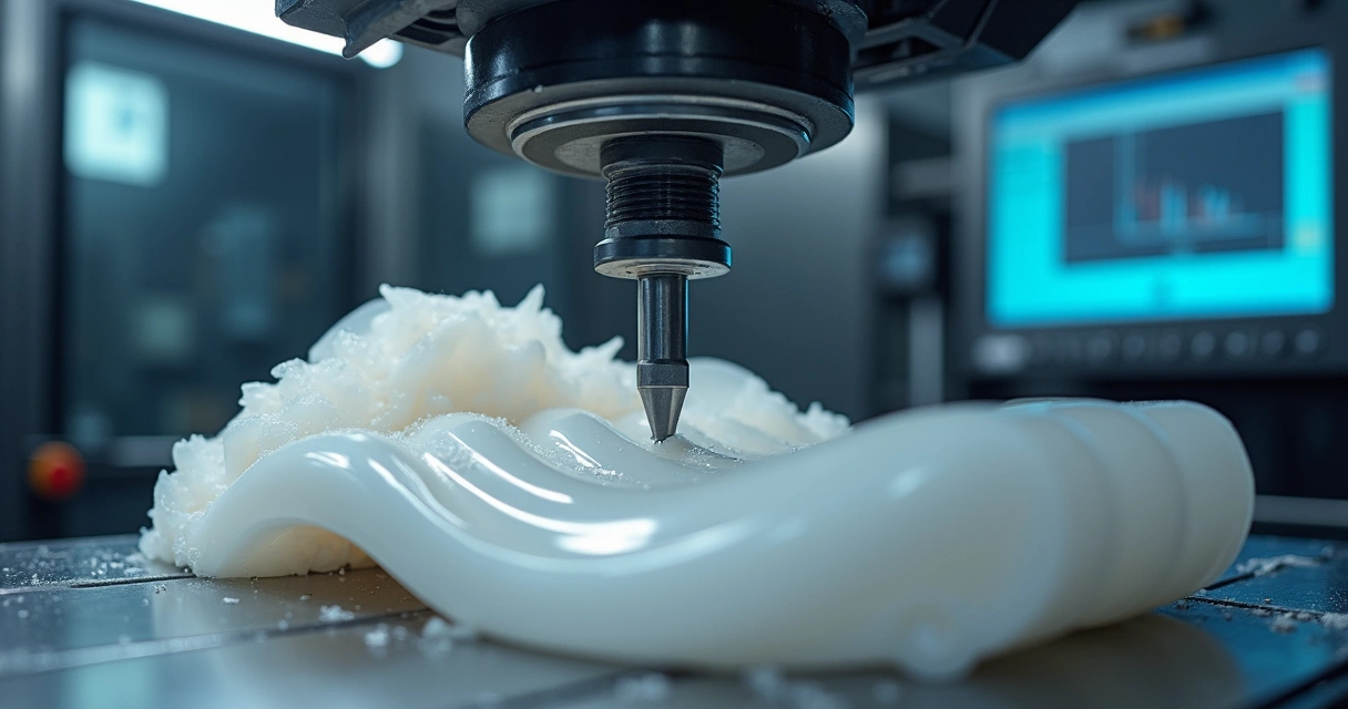 Peça plástica de engenharia sendo usinada em CNC 5 eixos 