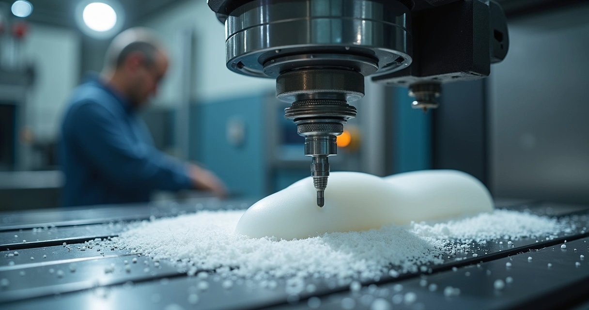 Peça usinada em PTFE em máquina CNC industrial 
