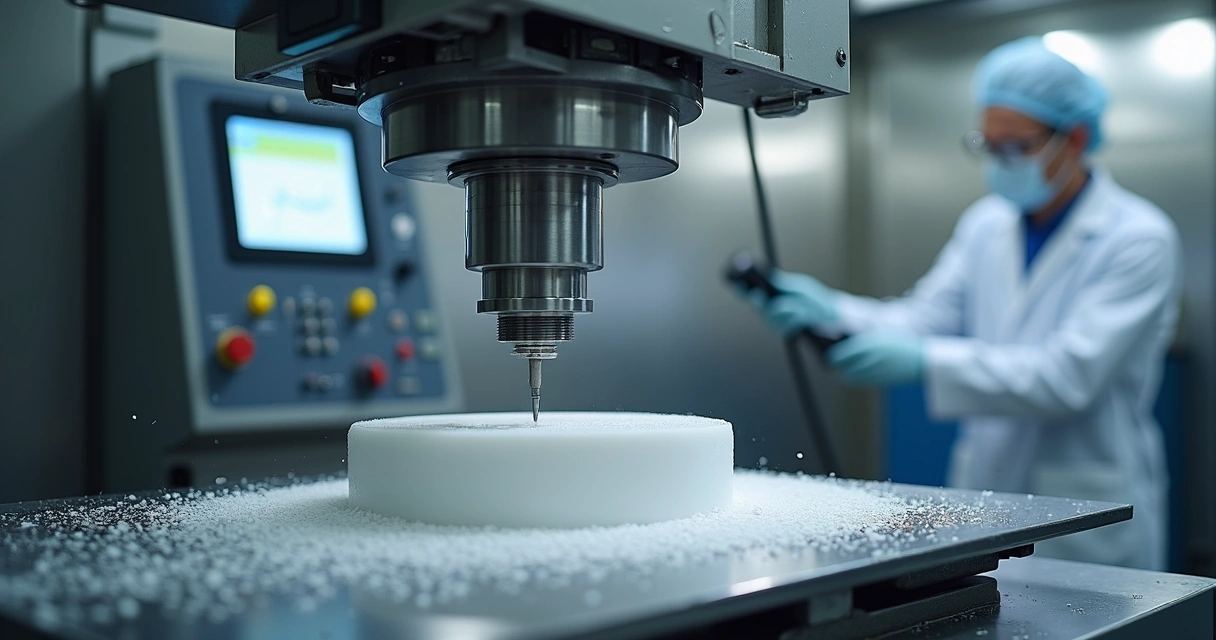 Fabricante de PTFE: usinagem de peça em PTFE em centro CNC industrial