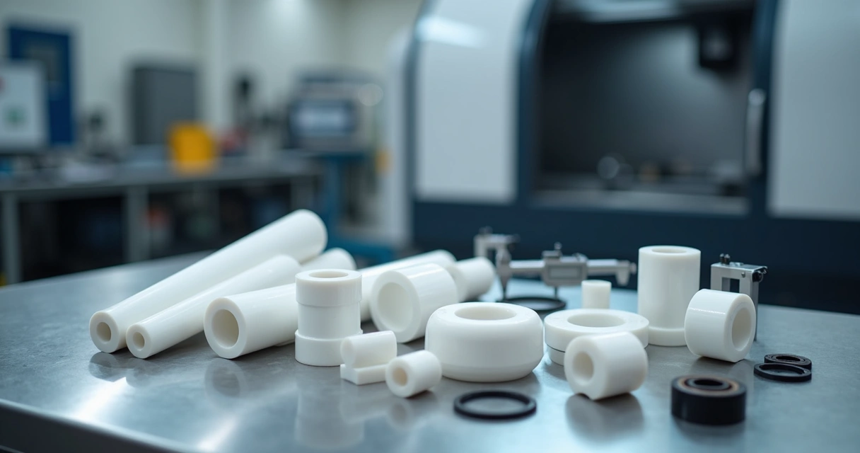 Peças usinadas de PTFE em bancada industrial 