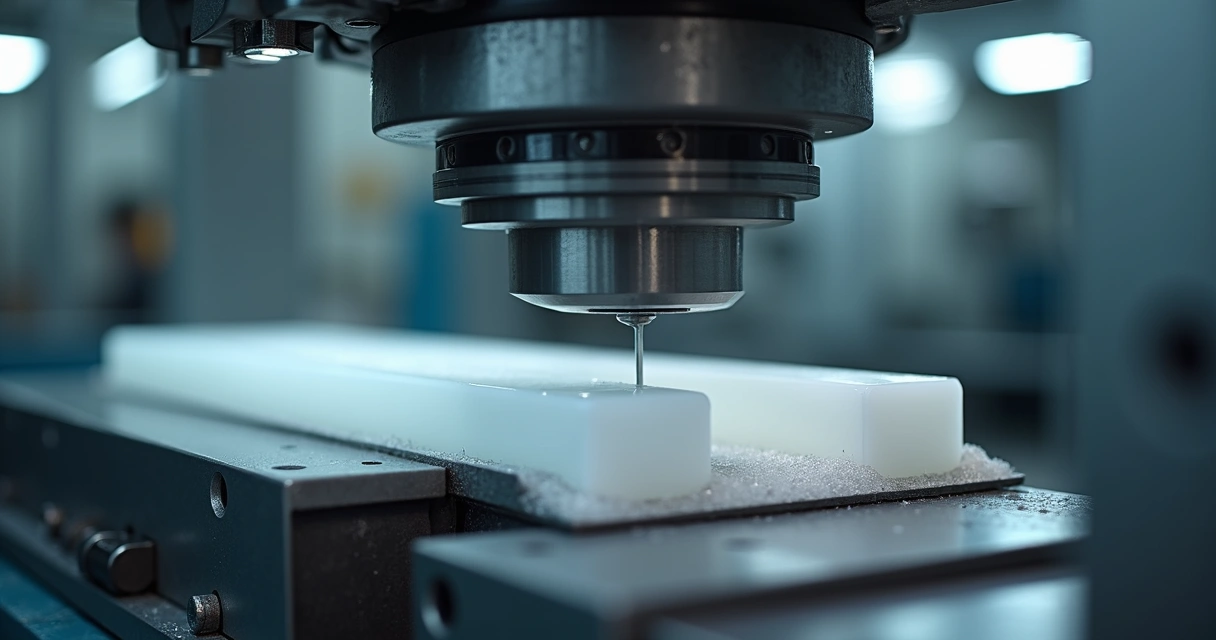 Torno CNC usinando um tarugo branco de PTFE 