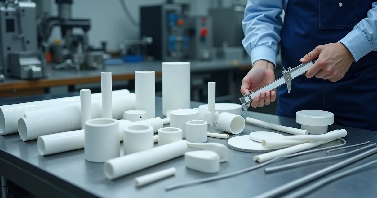 Tubos, placas e tarugos de PTFE em bancada de usinagem 