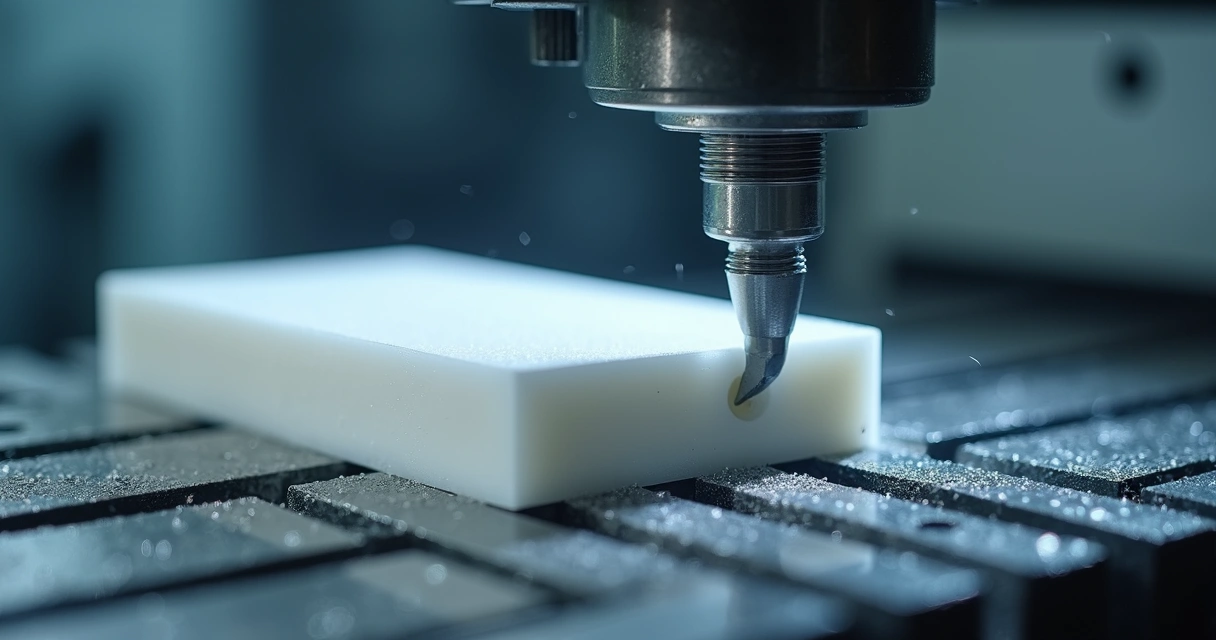 Detalhe de usinagem CNC em peça de PTFE