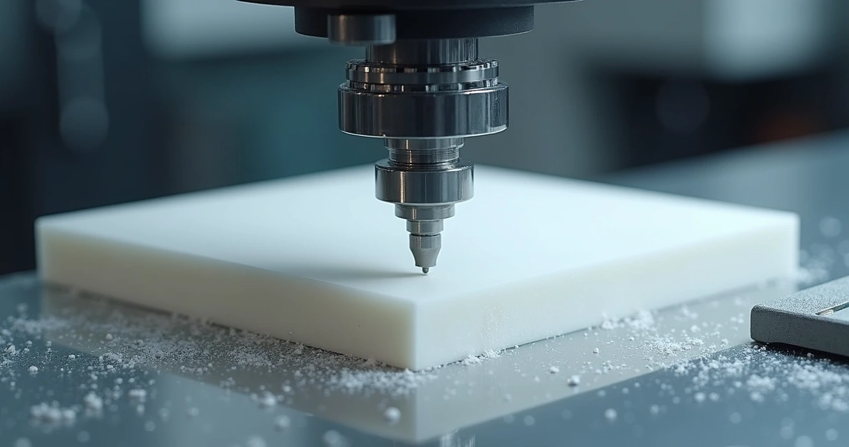 Fresa CNC usinando bloco de teflon branco para peça industrial 