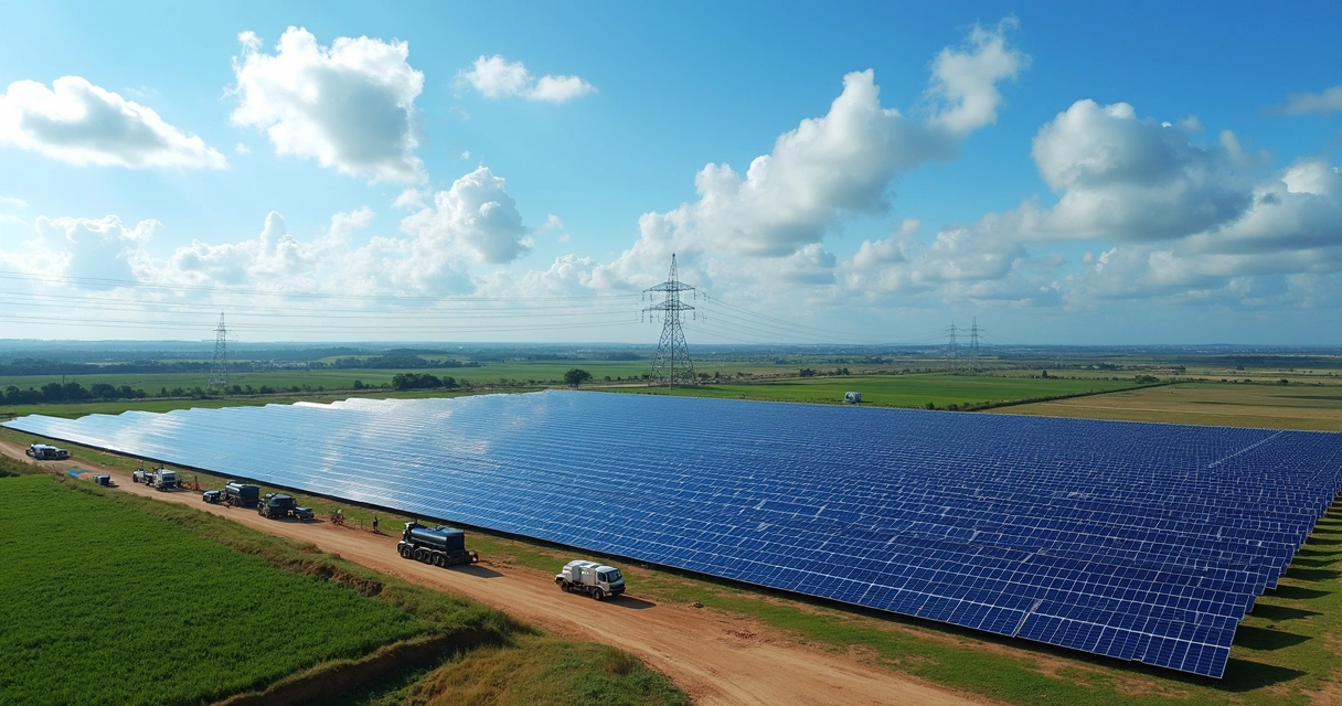 Vista aérea de uma grande usina solar com painéis solares azuis alinhados, caminhões e equipes de trabalho ao redor. Horizonte mostra uma combinação de áreas rurais e linhas de transmissão elétrica, dia claro de céu azul pomposo.