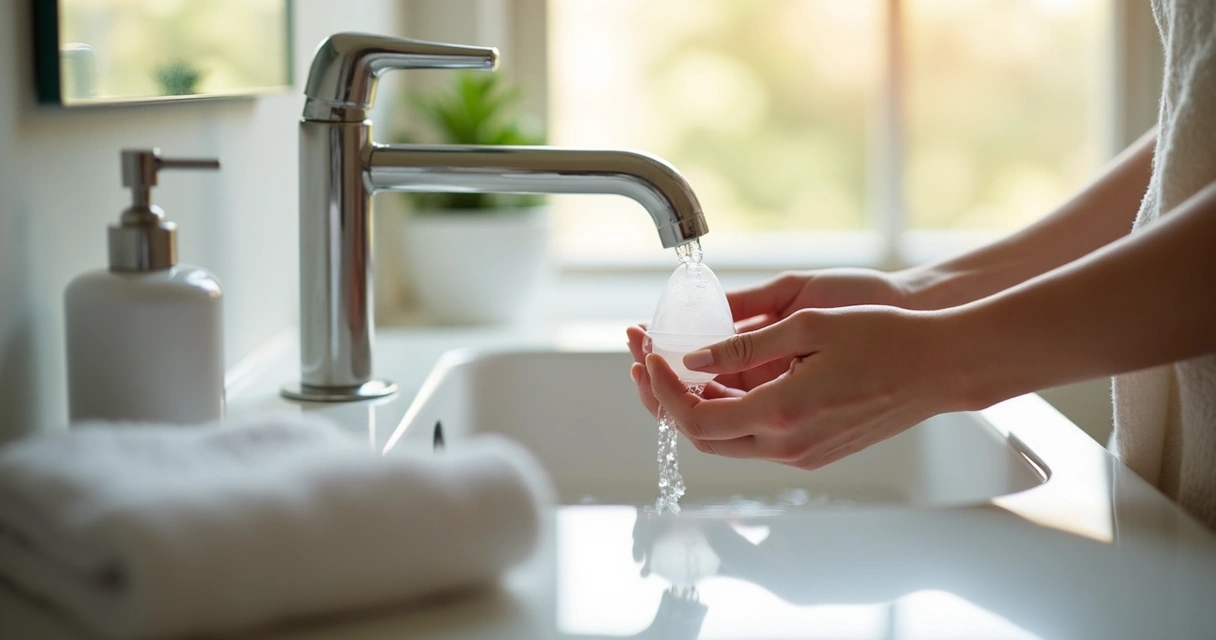 Woman washing menstrual cup in bathroom sink 