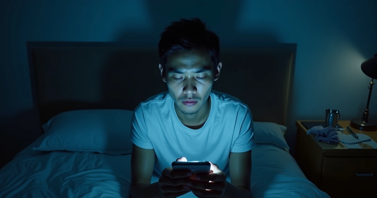 Pessoa olhando celular à noite com expressão tensa