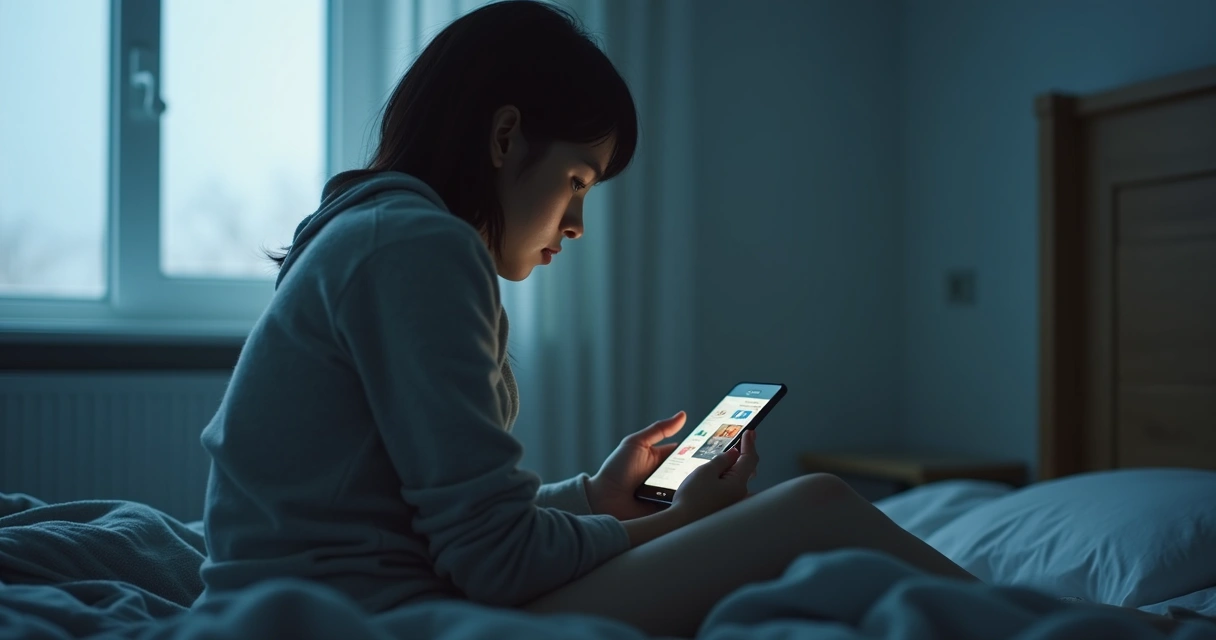 Pessoa olhando o celular em um quarto com expressão de tensão 
