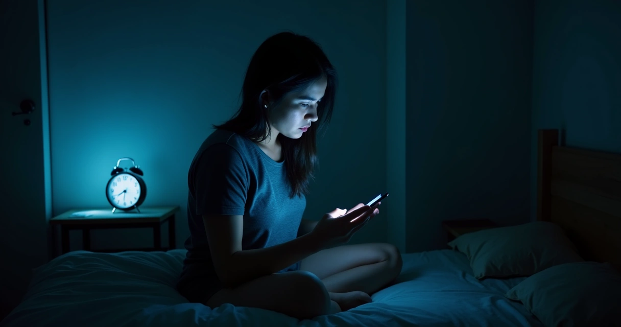 Pessoa olhando o celular à noite em quarto escuro 