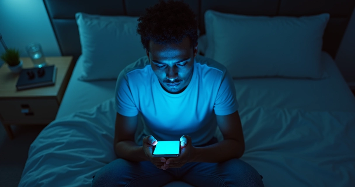 Pessoa olhando o celular à noite na cama