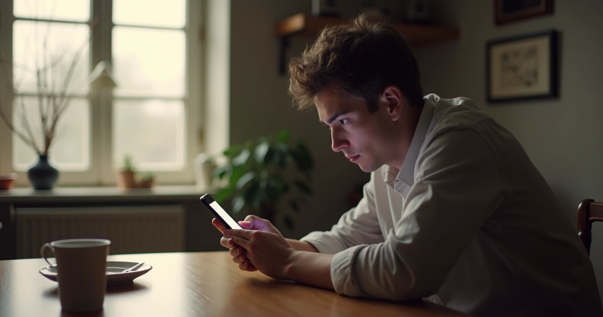 Pessoa olhando o celular à mesa enquanto ignora o ambiente ao redor