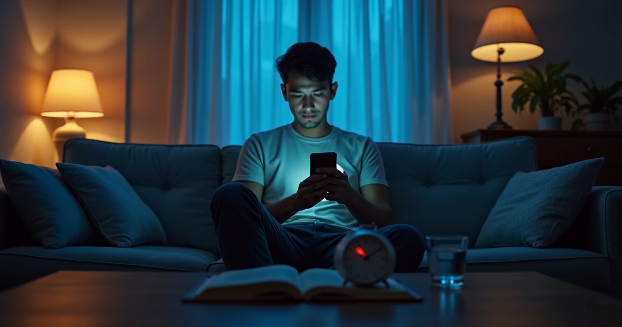 Pessoa olhando o celular à noite em ambiente doméstico