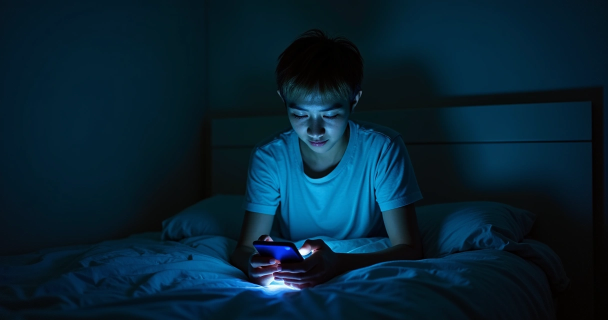 Pessoa olhando o celular sozinha em um quarto escuro 