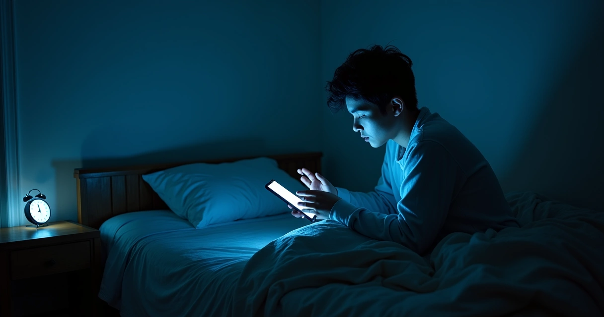 Pessoa olhando o celular na cama durante a noite 