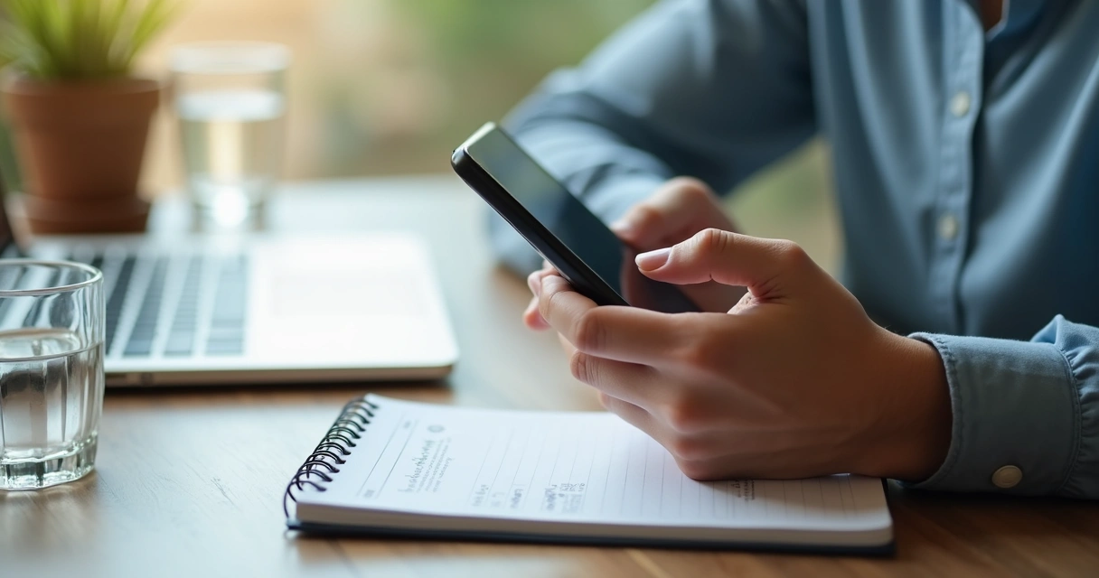 Pessoa usando celular com caderno ao lado e tela com notificações moderadas 