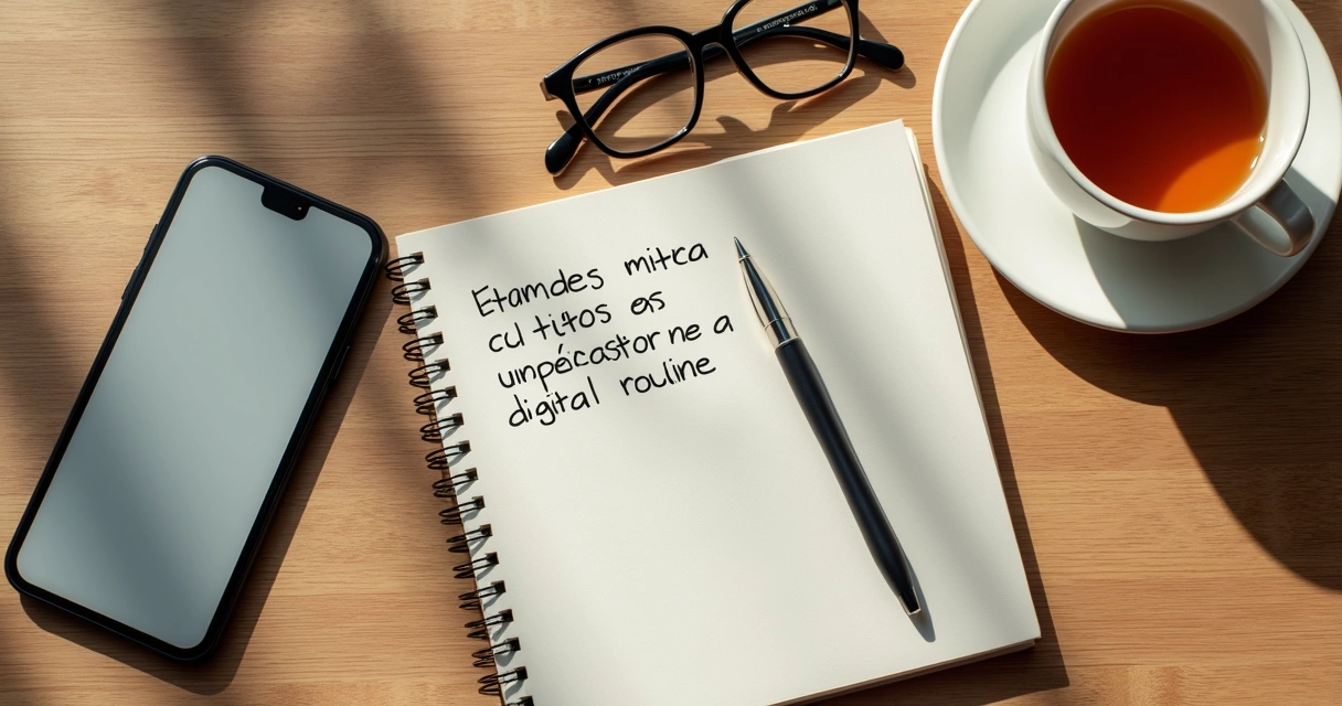Mesa com celular, caderno e rotina digital organizada