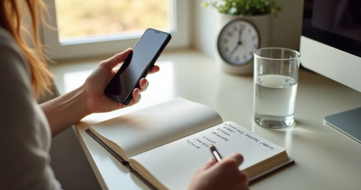 Pessoa olhando o celular com caderno de anotações ao lado 